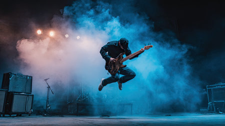 A dynamic guitarist leaps into the air while playing, surrounded by dramatic lighting and smoke. The live performance captures the essence of energy and excitement, perfect for music and entertainment themes.の素材