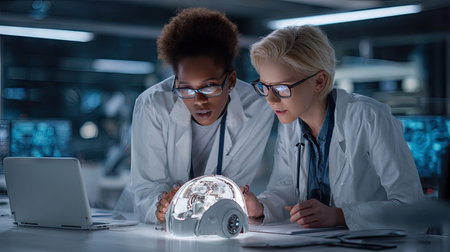 Two female scientists engage in a collaborative project, examining a futuristic technology device in a well-equipped laboratory, showcasing innovation and teamwork.の素材