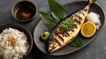A beautifully presented grilled fish on a black plate, accompanied by rice, lemon, wasabi, and a dipping sauce, perfect for culinary enthusiasts.の素材