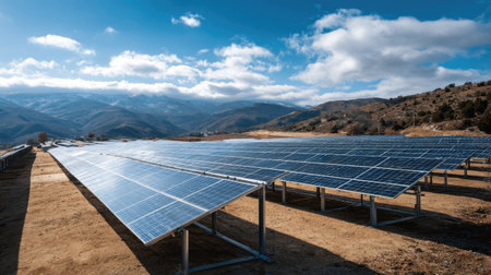 This image captures a solar energy farm featuring rows of solar panels set against a stunning blue sky dotted with clouds and a mountainous backdrop, emphasizing sustainable energy.の素材