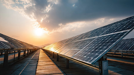 A stunning view of solar panels installed in an open field, beautifully illuminated by the warm glow of a sunset, reflecting the importance of renewable energy.の素材