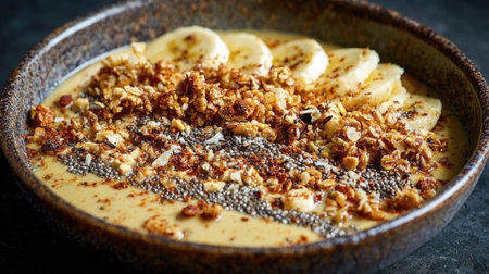 A delicious breakfast bowl featuring sliced bananas, crunchy granola, chia seeds, and a hint of cinnamon. Perfect for a nutritious start to the day.の素材