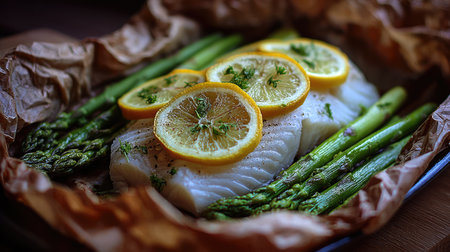 This image showcases a beautifully arranged fish fillet topped with lemon slices, accompanied by fresh asparagus, perfect for a healthy meal.の素材