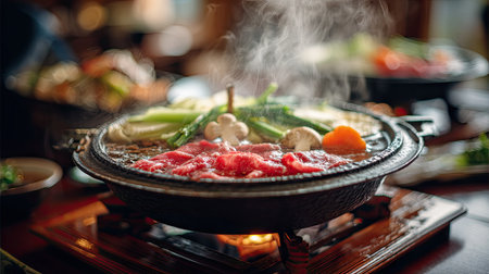 This image showcases a steaming hot pot filled with vibrant vegetables and fresh meat, highlighting the communal dining experience of Asian cuisine.の素材
