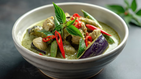 A vibrant bowl of green curry featuring tender chicken, fresh vegetables, and aromatic herbs. Perfect for a delicious meal or special occasion.の素材