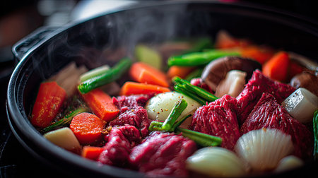 A steaming hot pot filled with fresh vegetables and tender meat creates a cozy and inviting atmosphere, perfect for sharing meals with family and friends.の素材