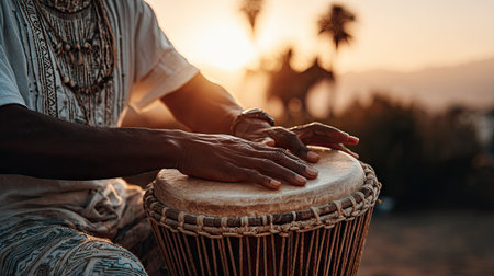 A captivating scene of a musician playing a traditional drum during sunset. The golden light casts beautiful shadows, enhancing the cultural essence.の素材