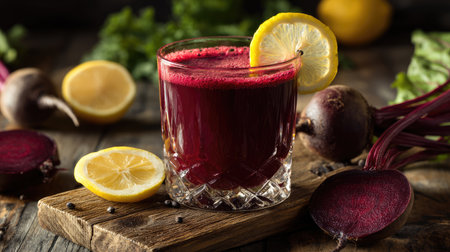 Vibrant and fresh organic beet juice garnished with a slice of lemon, placed on a rustic wooden table surrounded by vegetables, ideal for healthy living.の素材