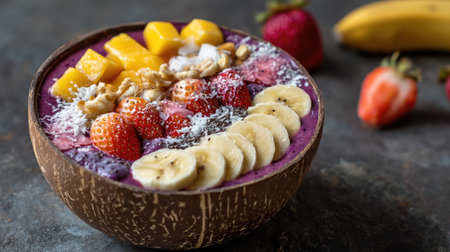 A vibrant smoothie bowl topped with fresh mango, strawberries, banana slices, walnuts, and coconut flakes, set on a rustic table for a healthy treat.の素材