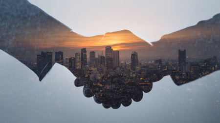 A captivating image depicting a handshake against a stunning city skyline at sunset. This visual embodies the spirit of business collaboration, success, and unity.の素材