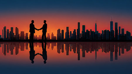This stunning image captures a silhouette of two business professionals shaking hands against a vibrant sunset skyline, symbolizing partnership and success.の素材