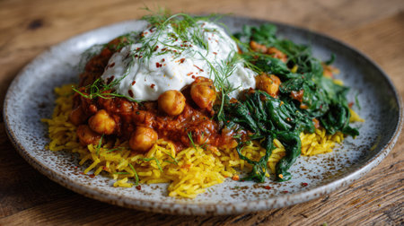 A delicious plate featuring chickpeas and spinach on yellow rice, drizzled with creamy yogurt and garnished with fresh herbs, perfect for a comforting meal.の素材