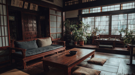 Experience the serene beauty of a traditional Japanese interior showcasing elegant wooden furniture, a low table, lush plants, and peaceful ambiance.の素材