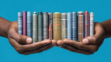 A creative display featuring miniature building models held in hands against a bright background, highlighting artistry in architecture and vibrant design.の素材
