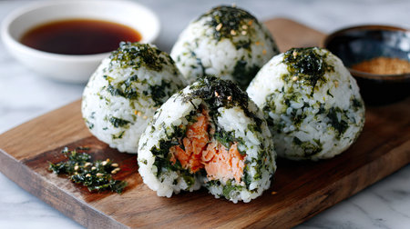 Enjoy a beautiful presentation of sushi rice balls filled with salmon and wrapped in seaweed. Perfect for sharing and indulging in flavors.の素材