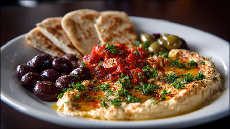 A vibrant plate featuring creamy hummus topped with fresh tomatoes and herbs, accompanied by kalamata olives and warm pita bread, perfect for sharing.の素材