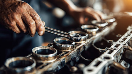 Detailed close-up of a mechanic's hand using a wrench on engine components in an automotive repair shop, showcasing craftsmanship and precision in vehicle maintenance.の素材