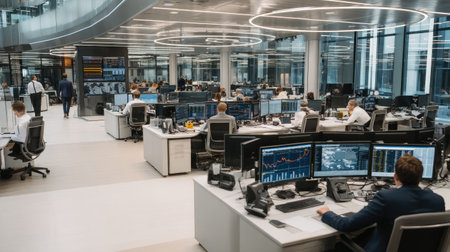 A vibrant financial trading floor showcasing multiple workstations equipped with advanced screens and technology. The modern office fosters productivity and collaboration among finance professionals engaged in market analysis.の素材