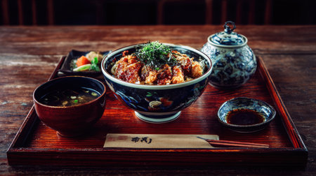 A beautifully arranged wooden tray featuring a bowl of fried chicken over rice, accompanied by miso soup, salad, and sauce, showcasing Japanese culinary traditions.の素材