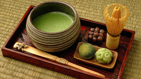 Experience the essence of a traditional Japanese tea ceremony with matcha, delicately presented sweets, and traditional utensils on a beautiful tray.の素材