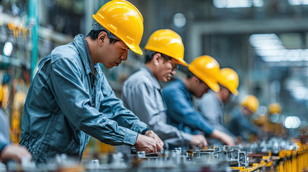 A group of skilled workers in a factory focus on their tasks while assembling components, wearing safety helmets and demonstrating expertise in their work.の素材
