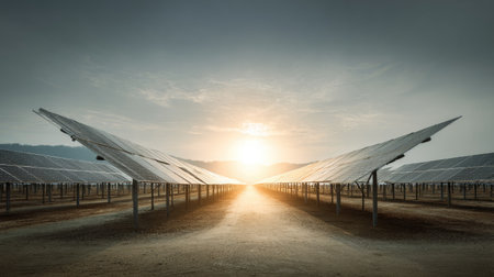 A captivating view of a solar panel array at sunrise, showcasing a modern renewable energy farm surrounded by serene mountains and clear skies.の素材