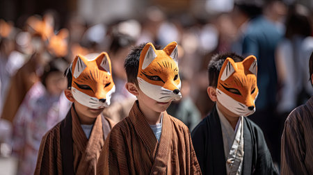 A group of children don colorful fox masks during a lively festival, showcasing traditional attire and joyous expressions amidst a bustling crowd.の素材