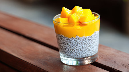 This enticing chia seed pudding features fresh mango cubes, showcasing a vibrant and delicious dessert presented in a clear glass on a wooden surface.の素材