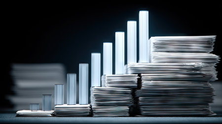 This stock photo illustrates stacked papers symbolizing growth and progress in business, featuring ascending chart trends against a dark background.の素材