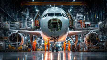 A team of maintenance workers in bright orange uniforms conduct a detailed inspection of an airplane engine inside a large hangar. The scene emphasizes teamwork and the technical aspects of aircraft maintenance and repair within a high-tech facility.の素材