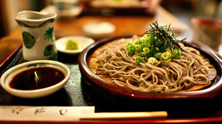 A scrumptious traditional soba noodle dish featuring delicate strands topped with fresh green onions and served with a flavorful dipping sauce.の素材