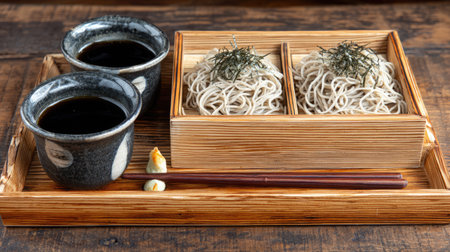 This image showcases traditional soba noodles elegantly served with a rich dipping sauce and a sprinkle of seaweed on a rustic wooden tray.の素材