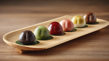 A beautiful arrangement of assorted Japanese rice balls displayed on a wooden plate, showcasing vibrant colors and textures. Perfect for culinary imagery.の素材