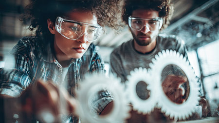 A dynamic scene showcasing young engineers intensely collaborating on a mechanical project, using gears. Their focused expressions reflect creativity and teamwork in a modern workspace.の素材