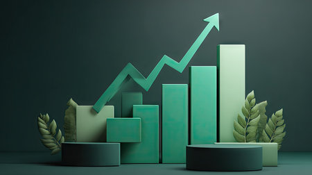 This image features a modern green growth chart with a rising graph and decorative leaves, representing financial success and ecological awareness.の素材
