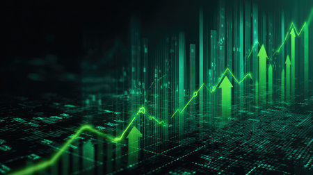 This image features an abstract representation of financial growth, showcasing a green arrow on a digital backdrop, symbolizing market increase and technological progress.の素材