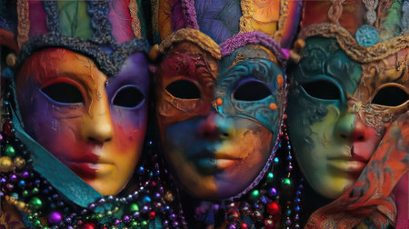 This captivating image showcases vibrant, beautifully crafted masks adorned with intricate designs and colorful beads, perfect for festive celebrations.の素材