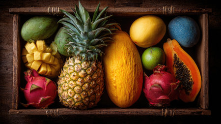 A vibrant display of various exotic fruits including pineapple, mango, and papaya arranged in a rustic wooden box against a dark background, showcasing their natural beauty.の素材