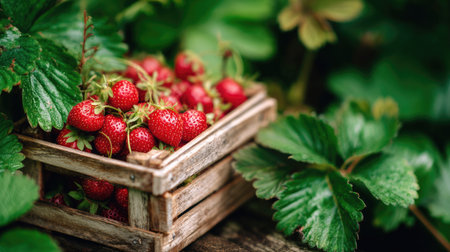 A beautiful composition of fresh red strawberries nestled in a rustic wooden basket, surrounded by vibrant green leaves, evokes the essence of healthy eating and nature.の素材