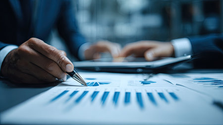 A close-up of a business analysis scene featuring financial reports with charts, a digital tablet, and focused professionals engaging in strategic planning.の素材