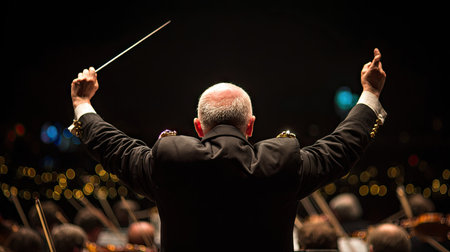 A passionate conductor guides a symphony orchestra in a dramatic concert setting, showcasing the beauty of live classical music and artistic collaboration.の素材