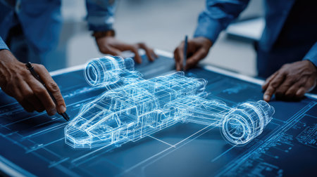 Engineers examine a futuristic blueprint of a spacecraft, showcasing advanced design and technology in a modern workspace environment. The image depicts hands interacting with digital plans, emphasizing teamwork and innovation.の素材