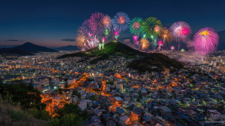 A stunning array of colorful fireworks illuminates the night sky above a bustling city landscape, creating a breathtaking spectacle over the mountain backdrop.の素材