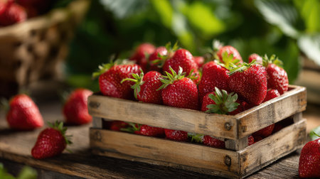 This image features a wooden crate filled with fresh, vibrant strawberries, beautifully arranged with green leaves, evoking a sense of healthy eating.の素材