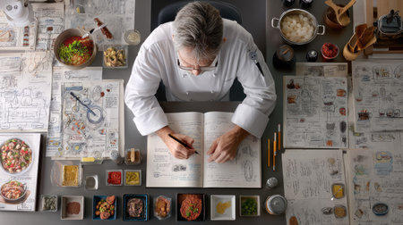 An overhead view of a skilled chef carefully crafting recipes in a notebook, surrounded by a vibrant array of fresh ingredients and culinary tools.の素材