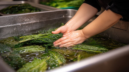 A pair of hands gently washes fresh kale in a stainless steel sink filled with water, highlighting the process of preparing healthy ingredients for cooking and meal preparation.の素材