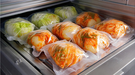 This image showcases vacuum-sealed bags of kimchi, a traditional fermented dish, organized neatly in a refrigerator. Ideal for food and cooking themes.の素材