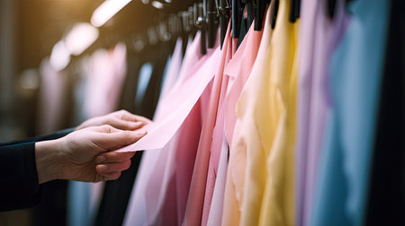 A close-up view of hands selecting vivid textile swatches from a display rack in a fashion design studio, showcasing various colors and textures suitable for creative projects.の素材
