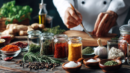 A chef prepares a variety of fresh herbs and spices on a rustic wooden table, showcasing pure ingredients ready for cooking a flavorful dish.の素材