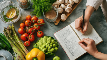 A vibrant kitchen scene showcasing fresh organic vegetables and herbs with a person writing in a notebook. This image captures the essence of healthy cooking and meal preparation.の素材